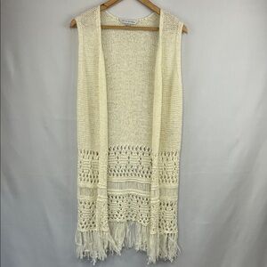Peter Nygard Cream Fringed Knit Cardigan Vest - Size Small